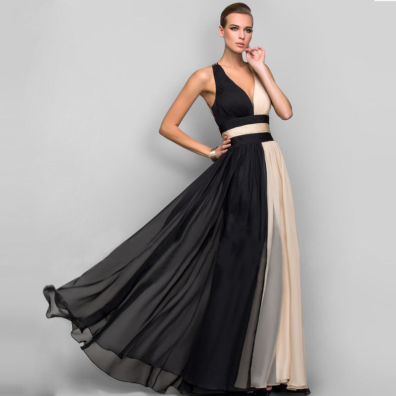 Women'S Chiffon Contrast Sleeveless V-Neck Patchwork Long Evening Dress 3