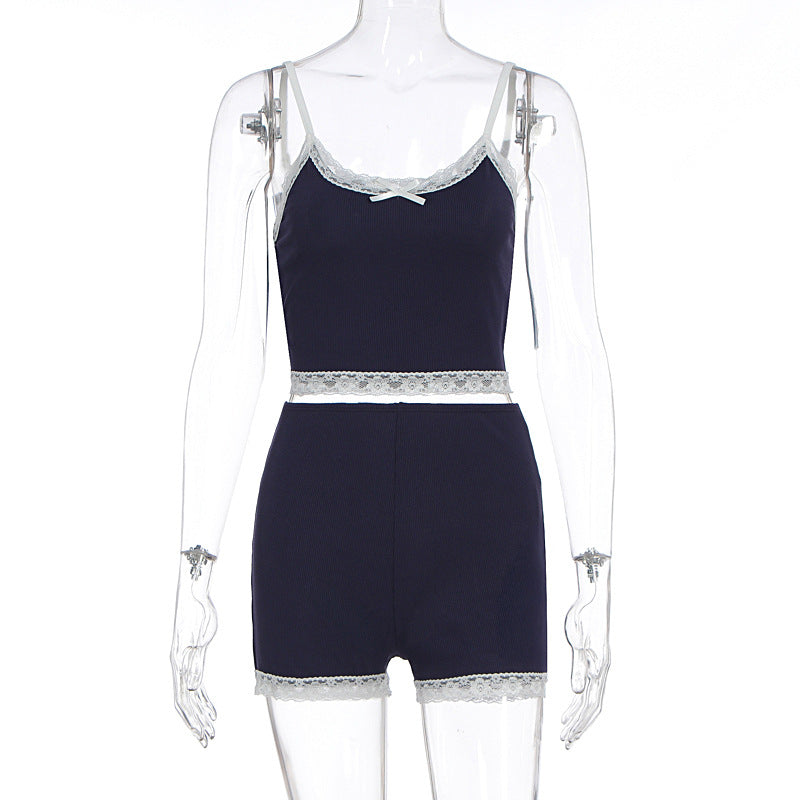 Summer Women's Fashion Sexy Strap Lace Casual Shorts Set 5