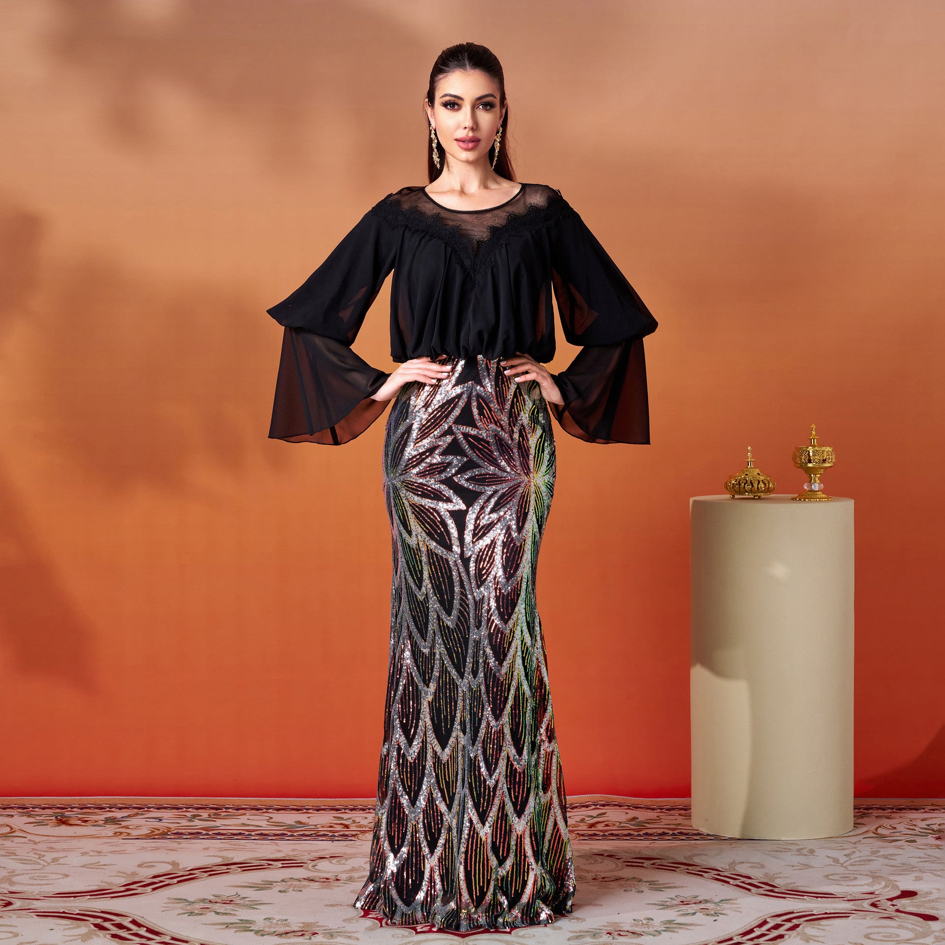 Women Long Sleeve Round Neck Sequin Formal Party Bodycon fishtail evening dress 3