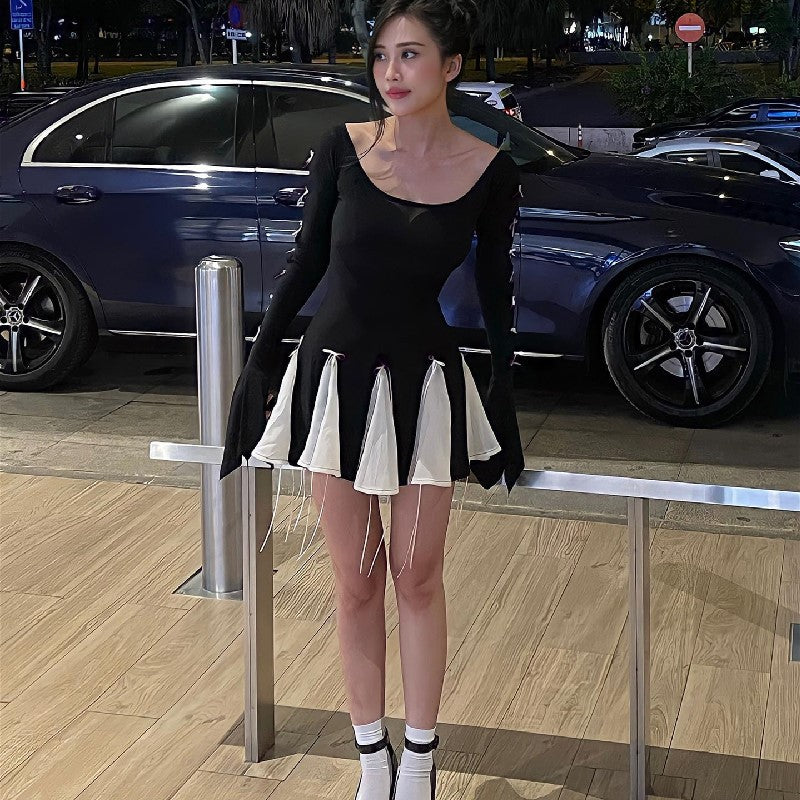 Spring Bow Lace-Up Bell Bottom Long Sleeve Dress 5