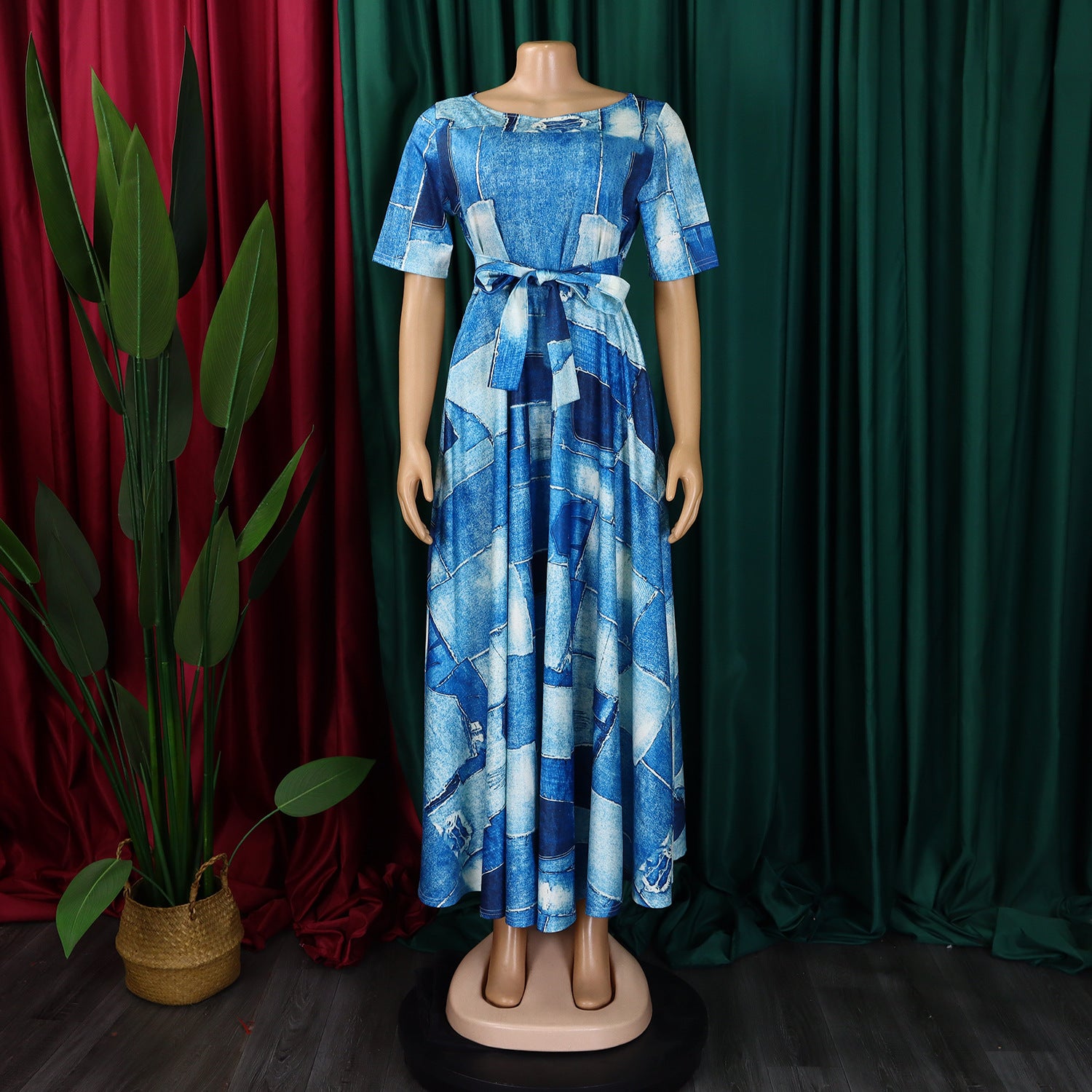 Women's Fashion Chic Tie-Waist African Plus Size Short Sleeve A-Line Dress 16