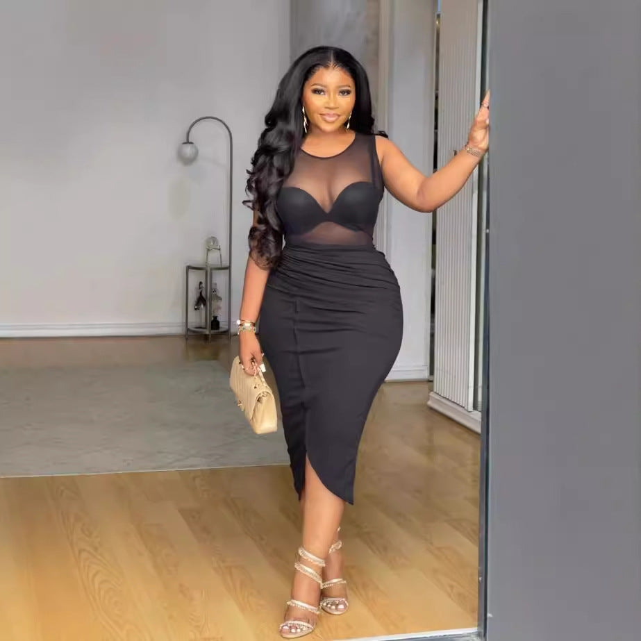 Women See-Through Patchwork Sleeveless Slit Dress 3