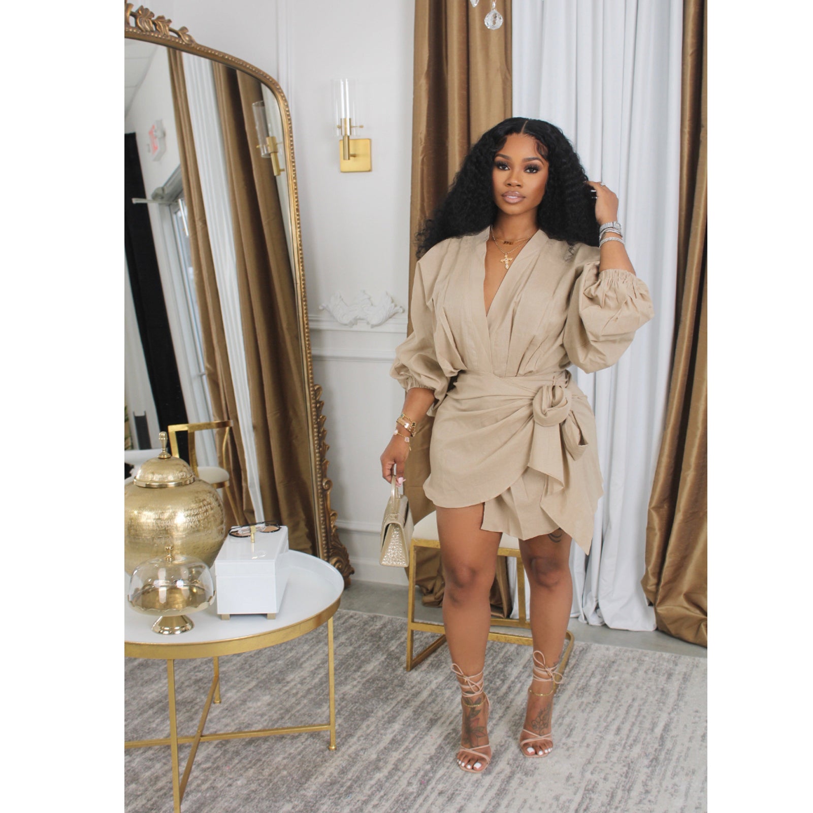 Women V-neck Lace-Up Long Sleeve Dress 3