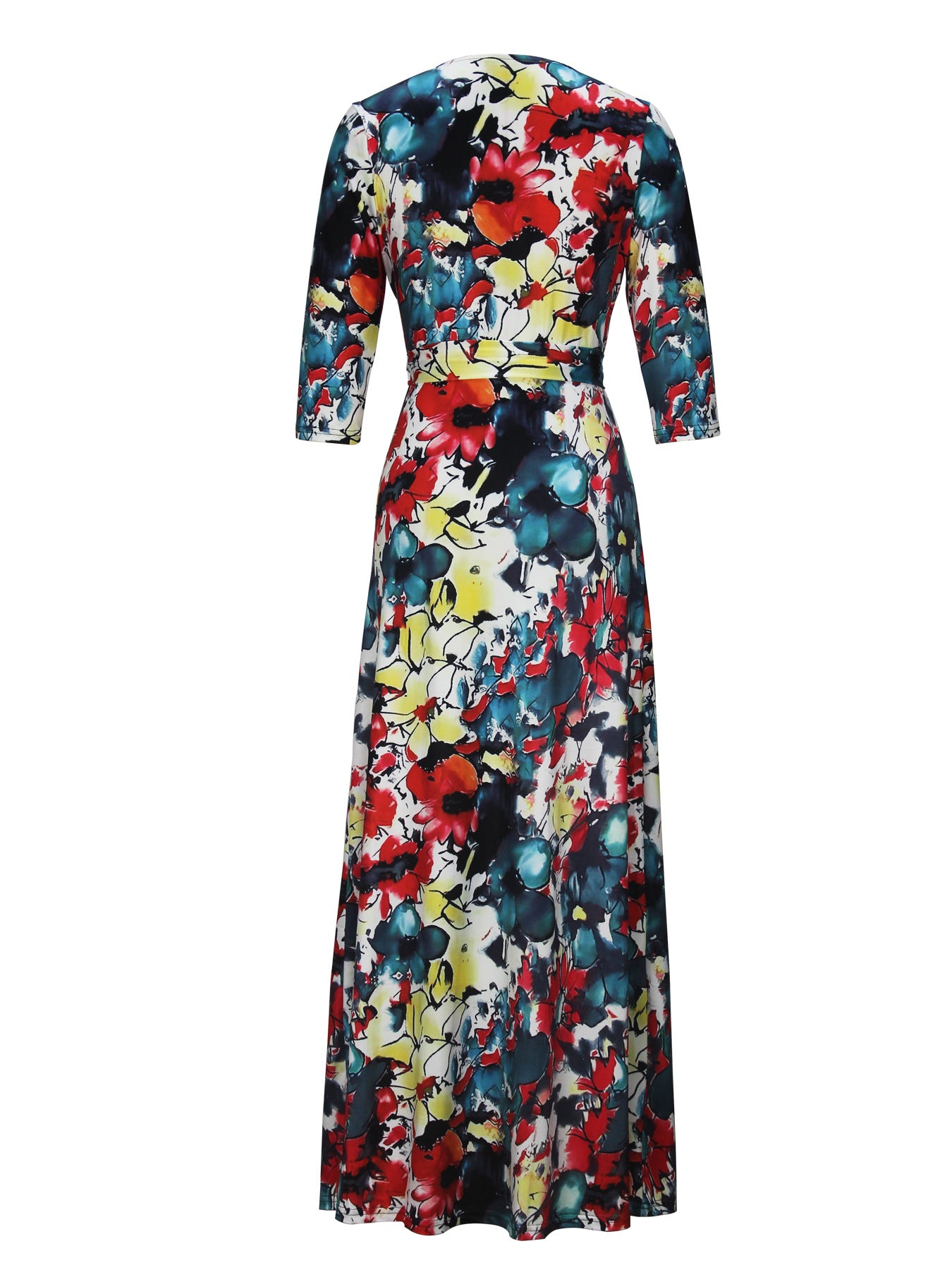 Spring & Autumn Women's Fashion Elegant Wrap V-Neck Half-Sleeve Print Belt Maxi Dress 67
