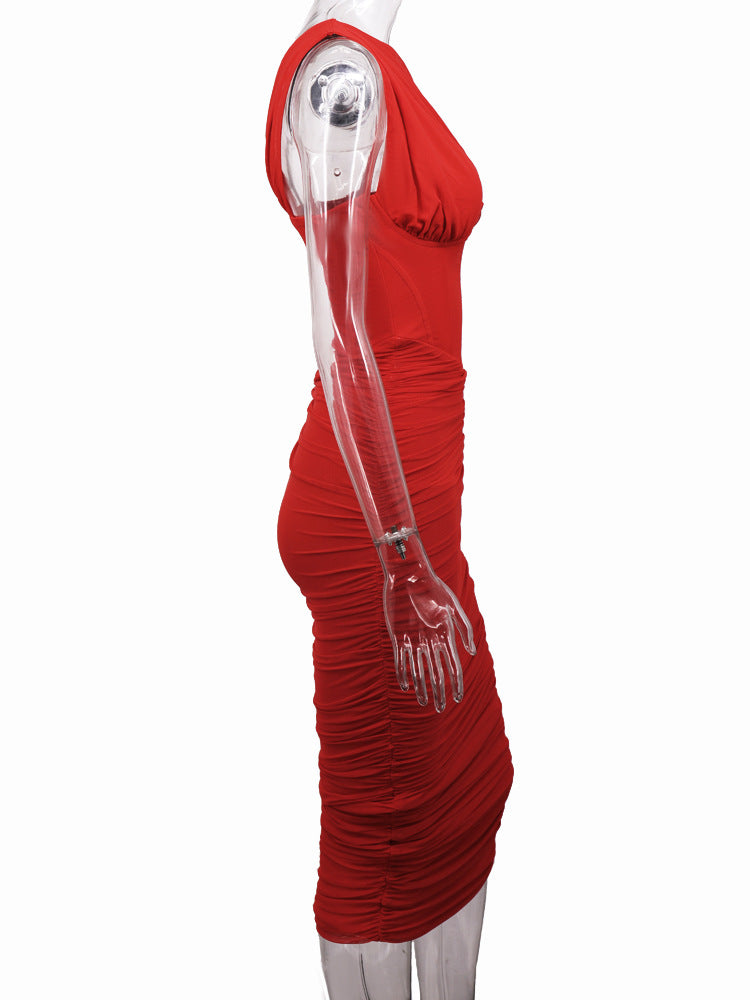 Women Sexy Cutout Solid Backless Pleated Bodycon Dress 18