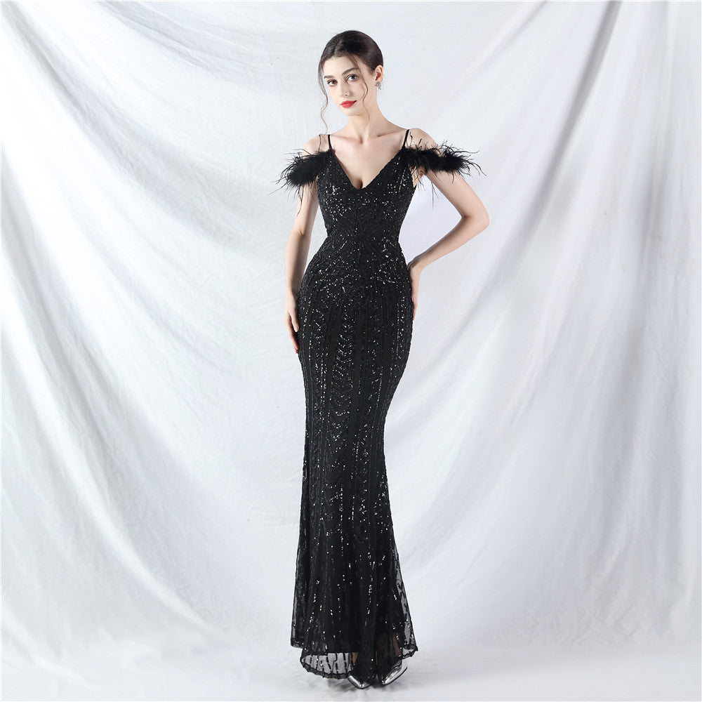 Strap V-Neck Feather Formal Party Evening Dress 3