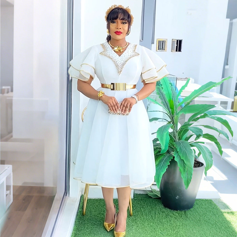 Plus Size African Women V-neck Bodycon Beaded Dress With Belt 4