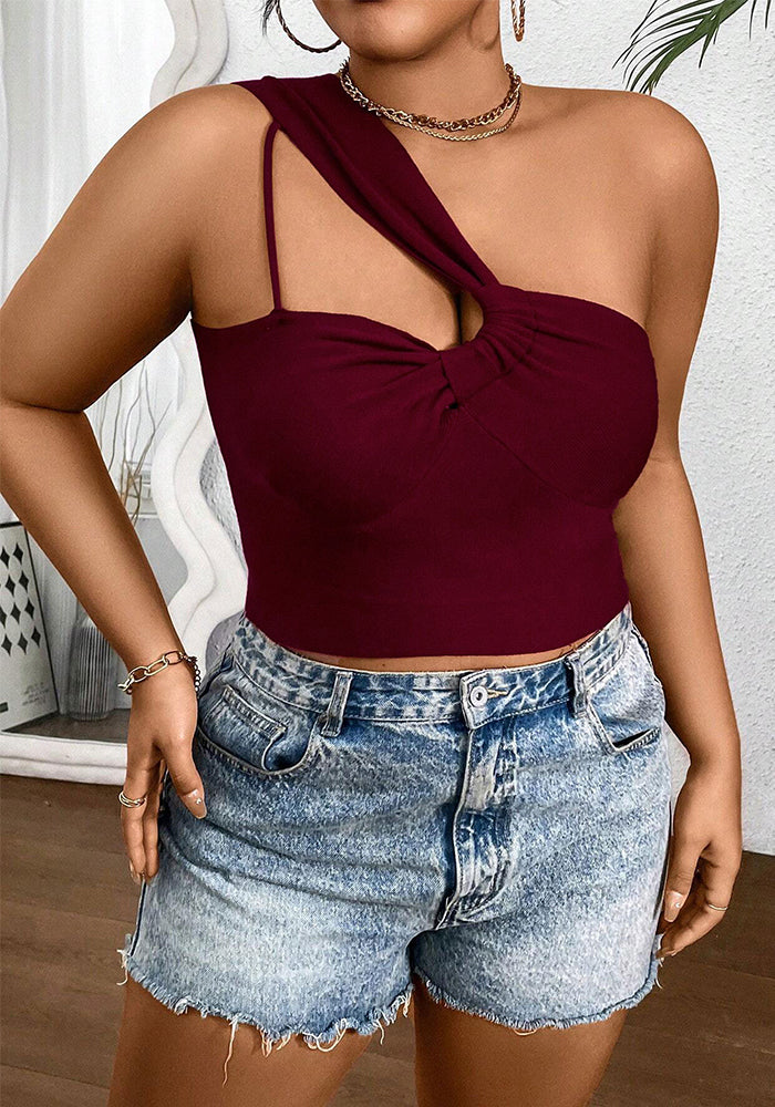 Spring Summer Plus Size Women's Sexy Single Strap Burgundy Slim Short Top