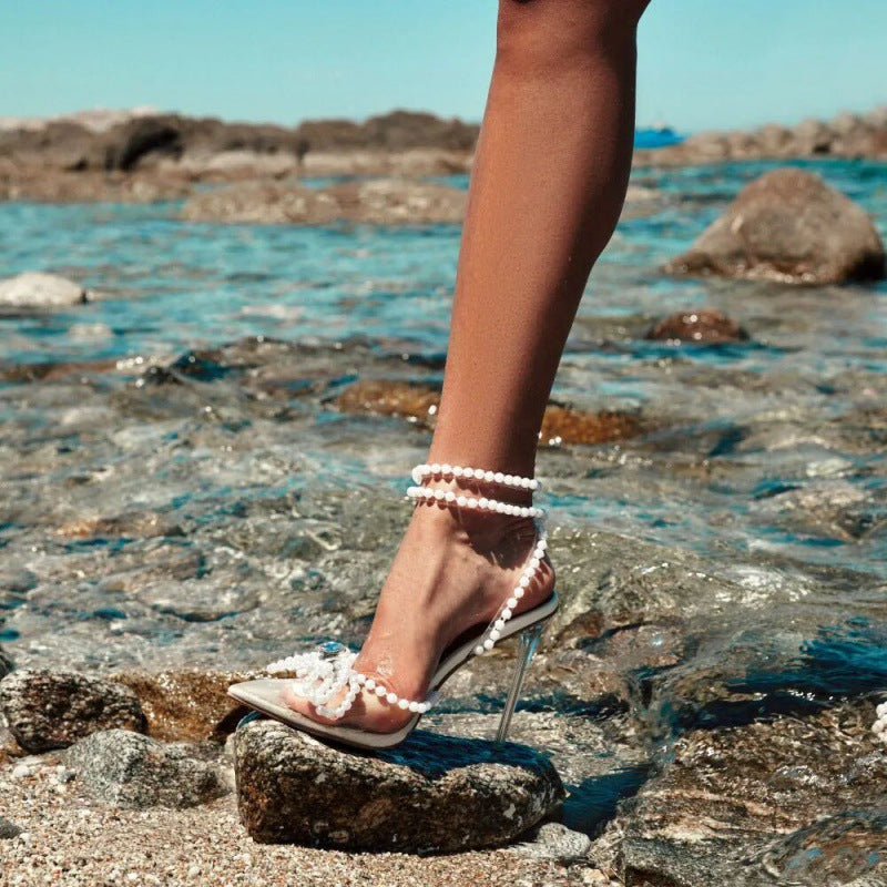 Butterfly Pearl Rhinestone Fashion Transparent Crystal Heel High-Heeled Sandals 6