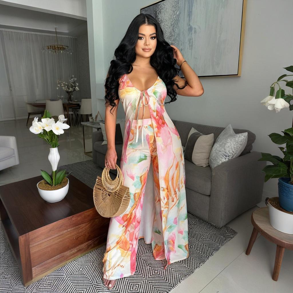 Women Suspender Lace-up Sexy Top Wide-Leg Pants Two-Piece Set 3