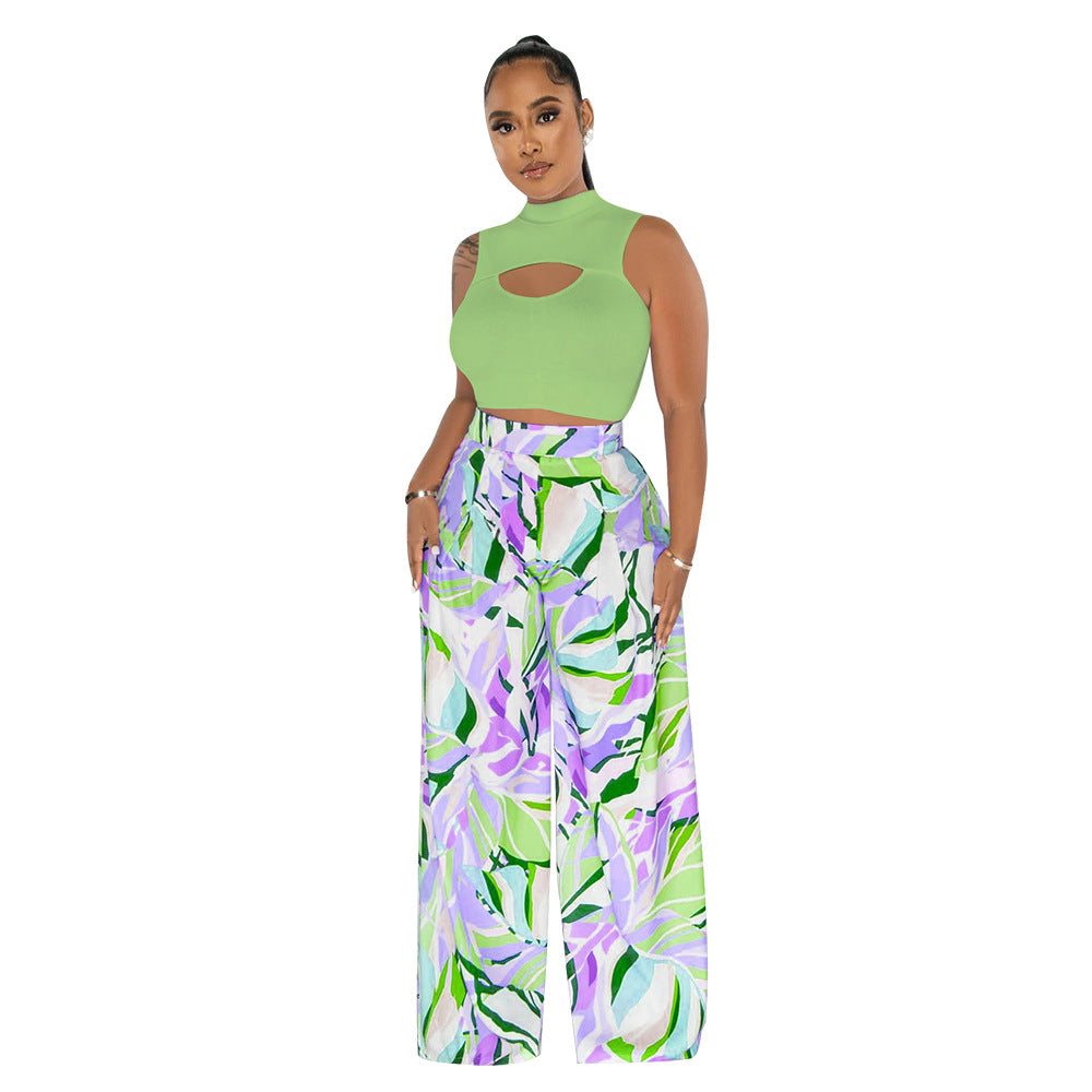 Women's Fashion Sleeveless Round Neck Cropped Top Printed Wide Leg Pants Two-Piece Set 11