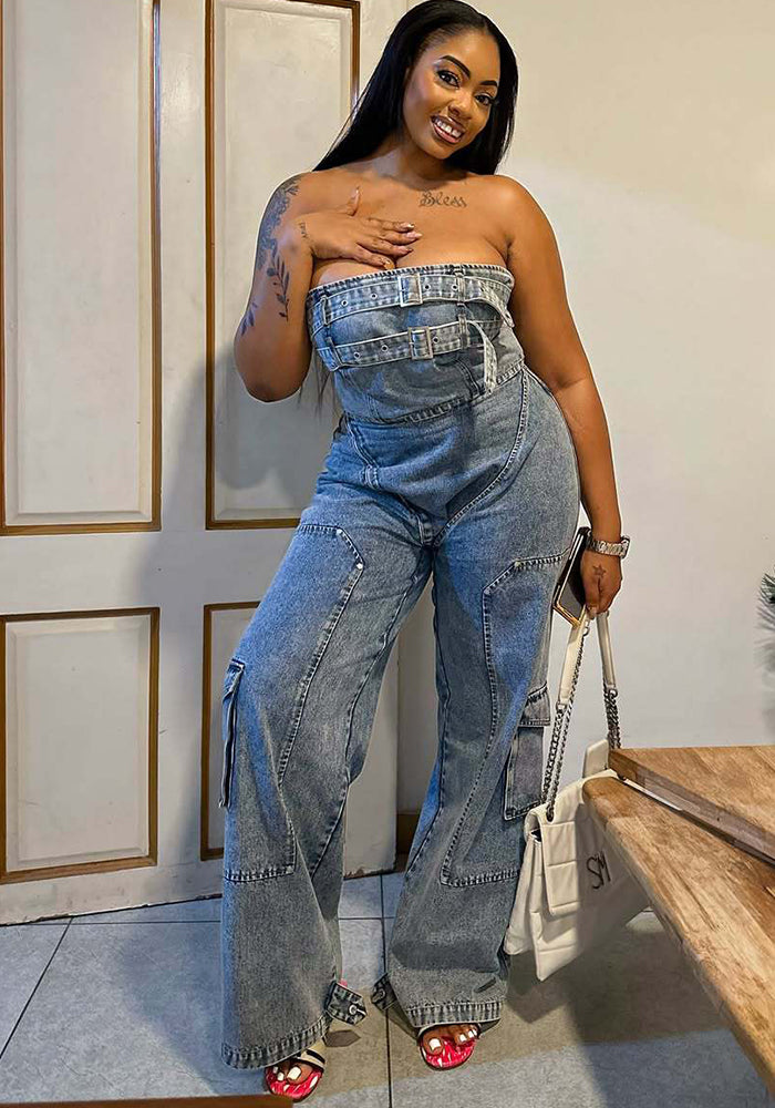 Spring/Summer Women’s Streetwear Strapless High-Waist Denim Jumpsuit