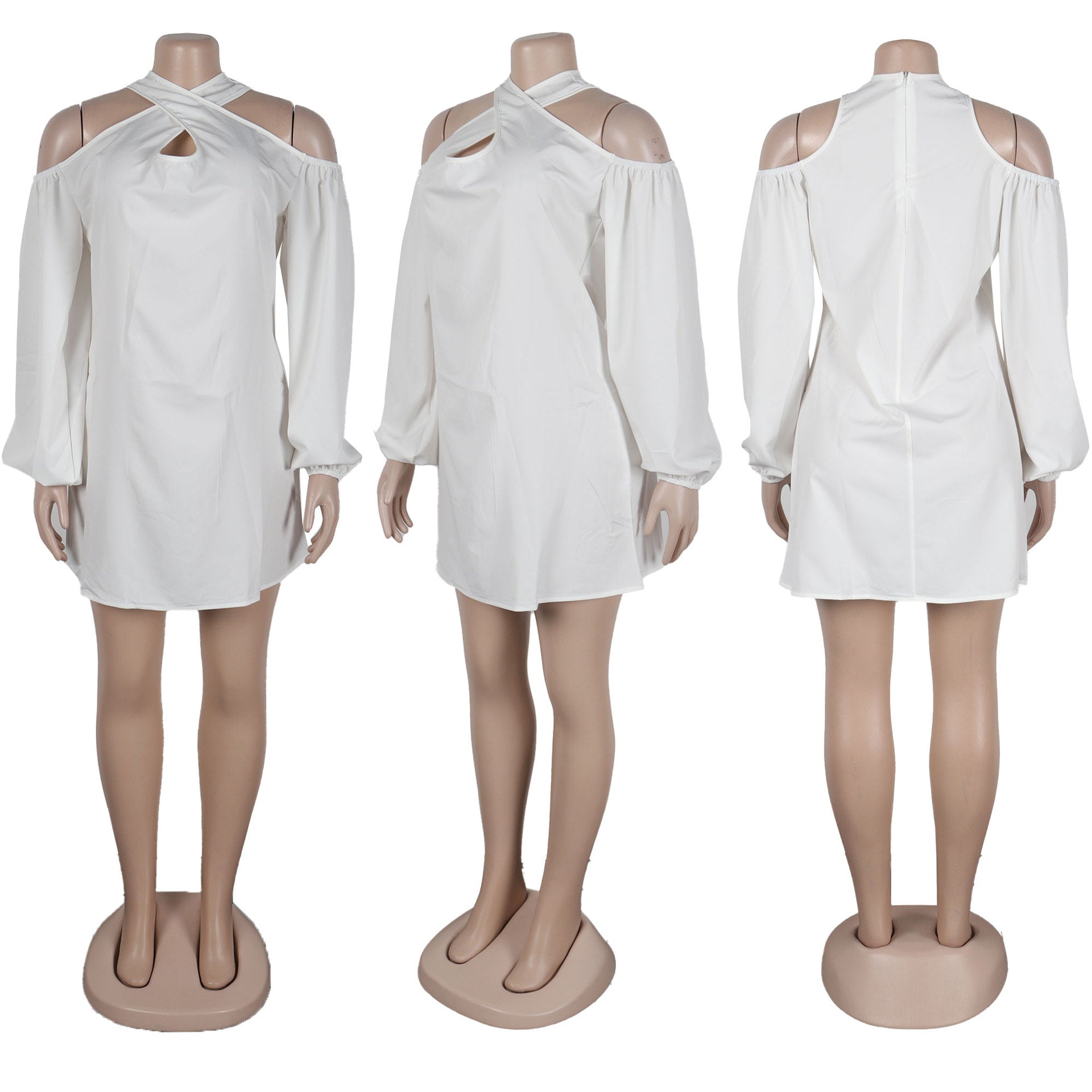 Women Solid Hollow Shoulder Crossover Dress 13