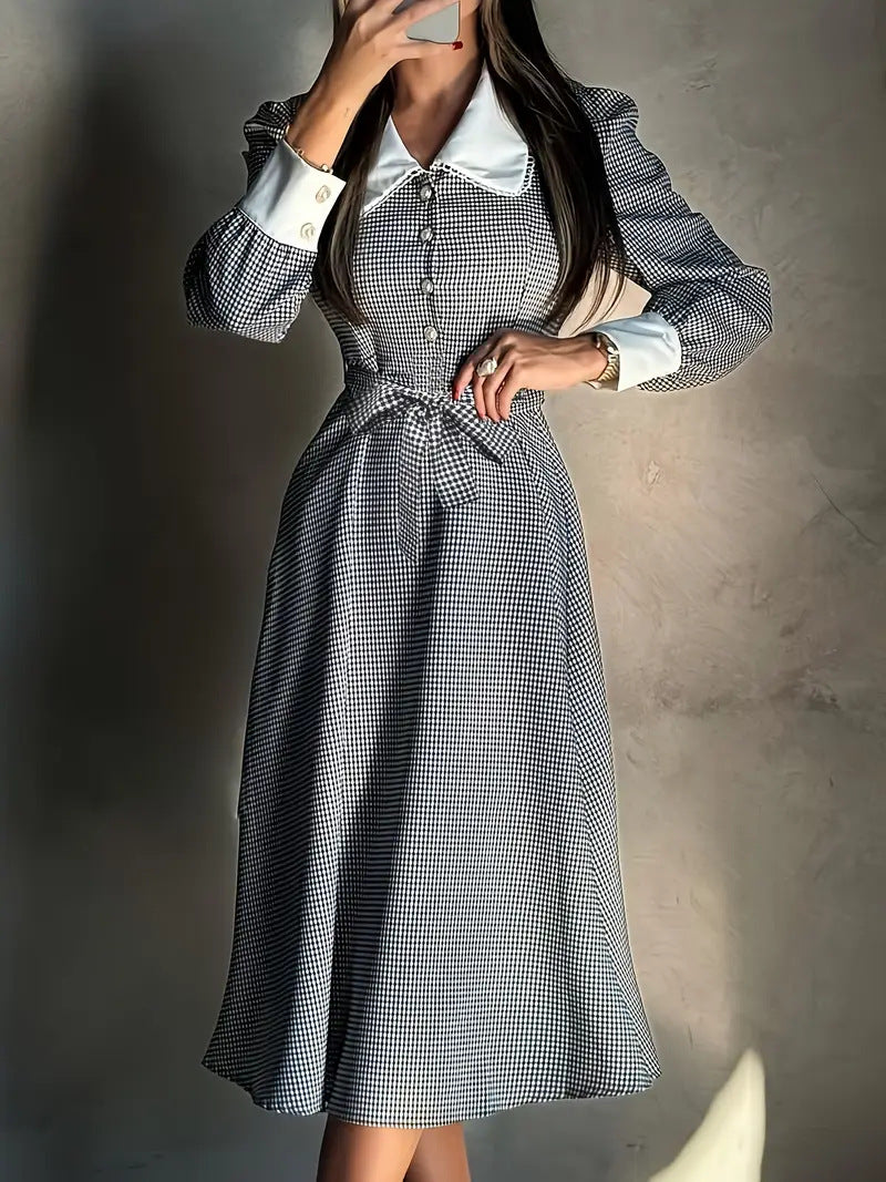 Women French Elegant Houndstooth Autumn Lace-Up Dress