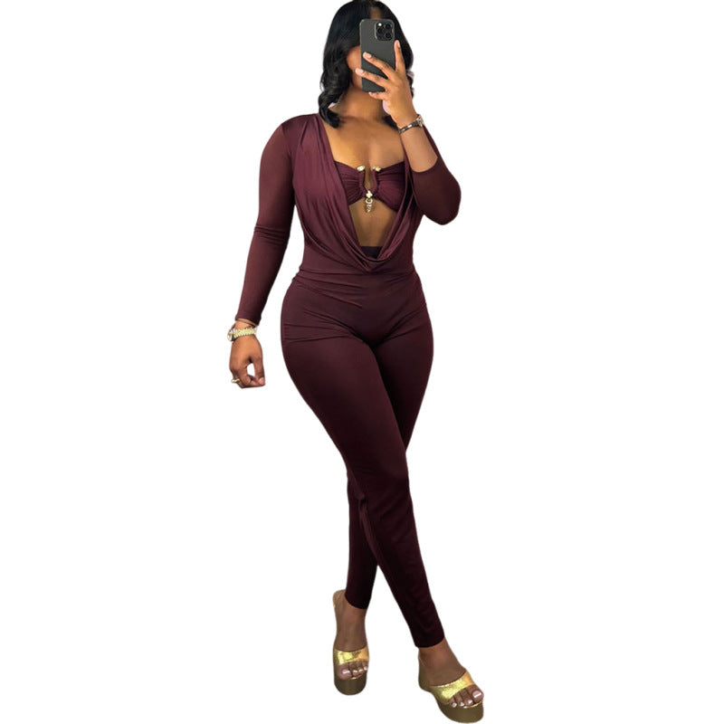 Summer Women's Fashion Sexy Draped Neck Slim Waist Bodycon Solid Color Jumpsuit 17