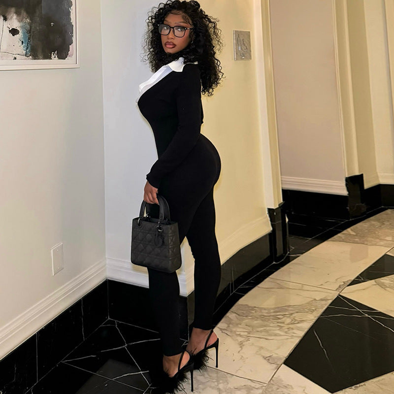 Fashionable women's clothing sexy long sleeve U-neck Tight Fitting Slim Fit long Jumpsuit 5