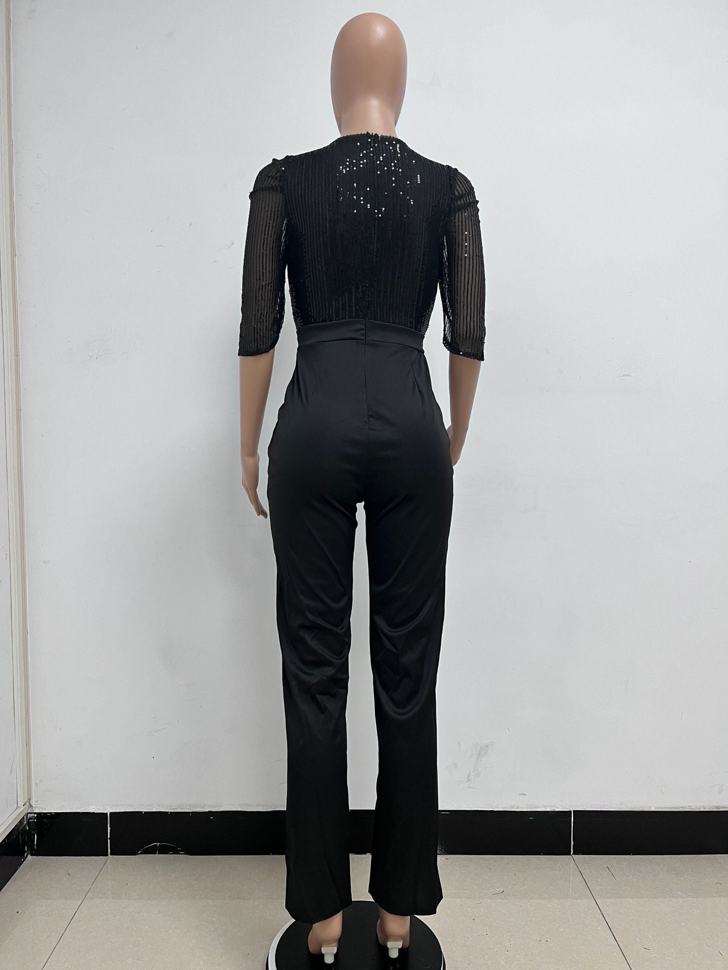 Women's Fashion Sequins Half Sleeve Wide-Leg Chic Ladies Jumpsuit 12