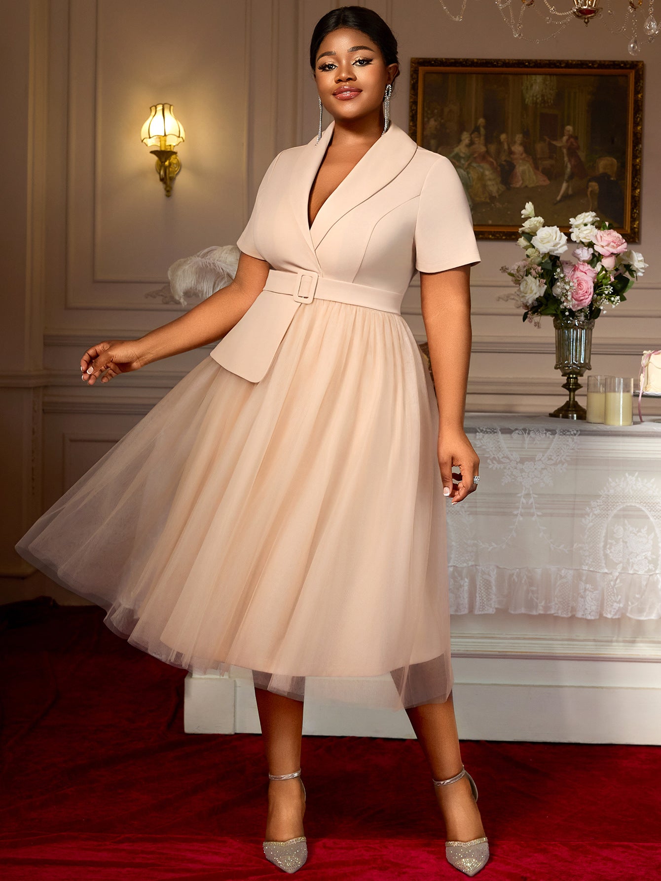 Plus-Size Women Belted Mesh Blazer Dress 3