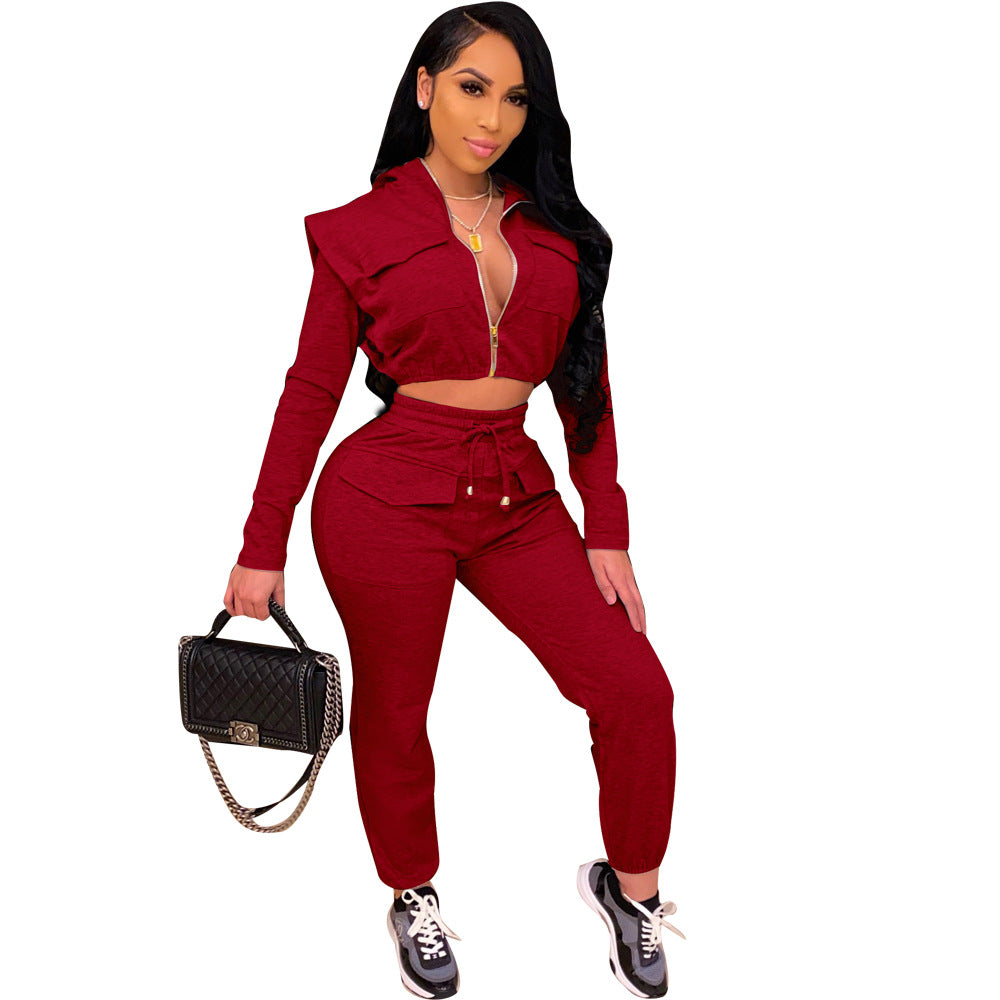 Women Sexy Zip with Cap Long Sleeve Top + Trousers Two-piece Set 10