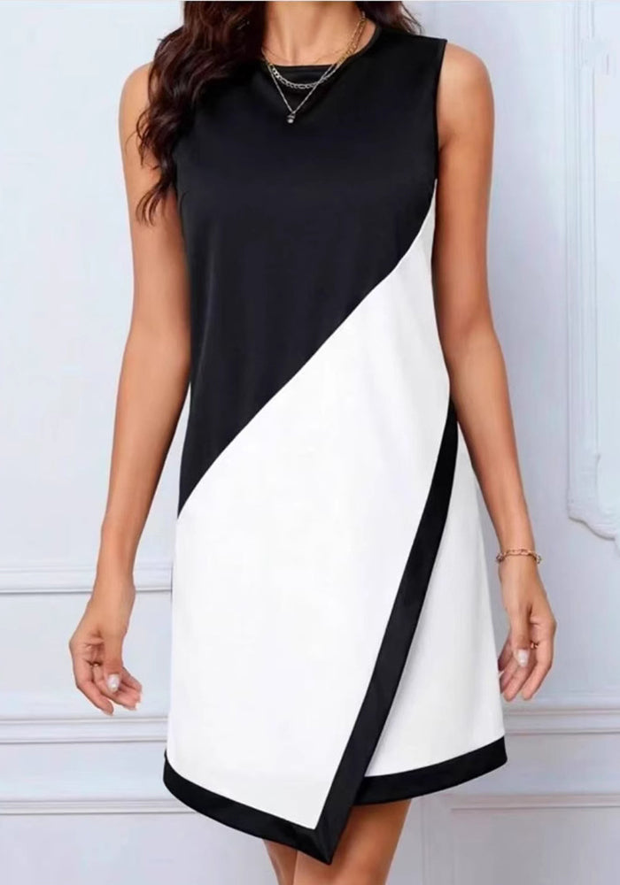 Sleeveless Round Neck Patchwork Contrast Color Spring Summer Casual Dress for Women