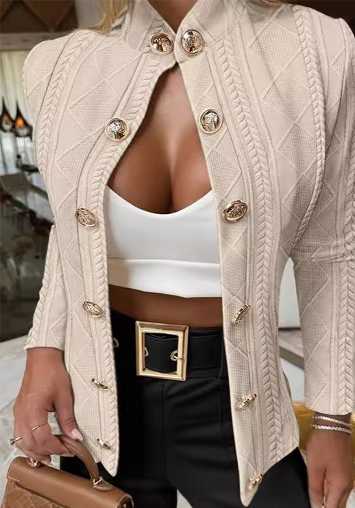 Women metal button stand collar long sleeve jacket