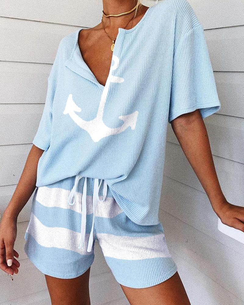 Women Contrast Blue Striped Loungewear Two-piece Set