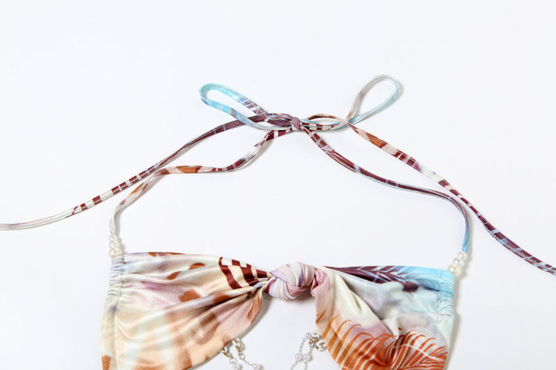 Women's Spring Halter Neck Tie Beaded Chain Slim Low Back Sexy Dress 47