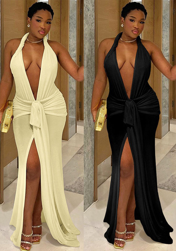 Women Sexy Backless Halter Neck V-neck Solid Slit Dress