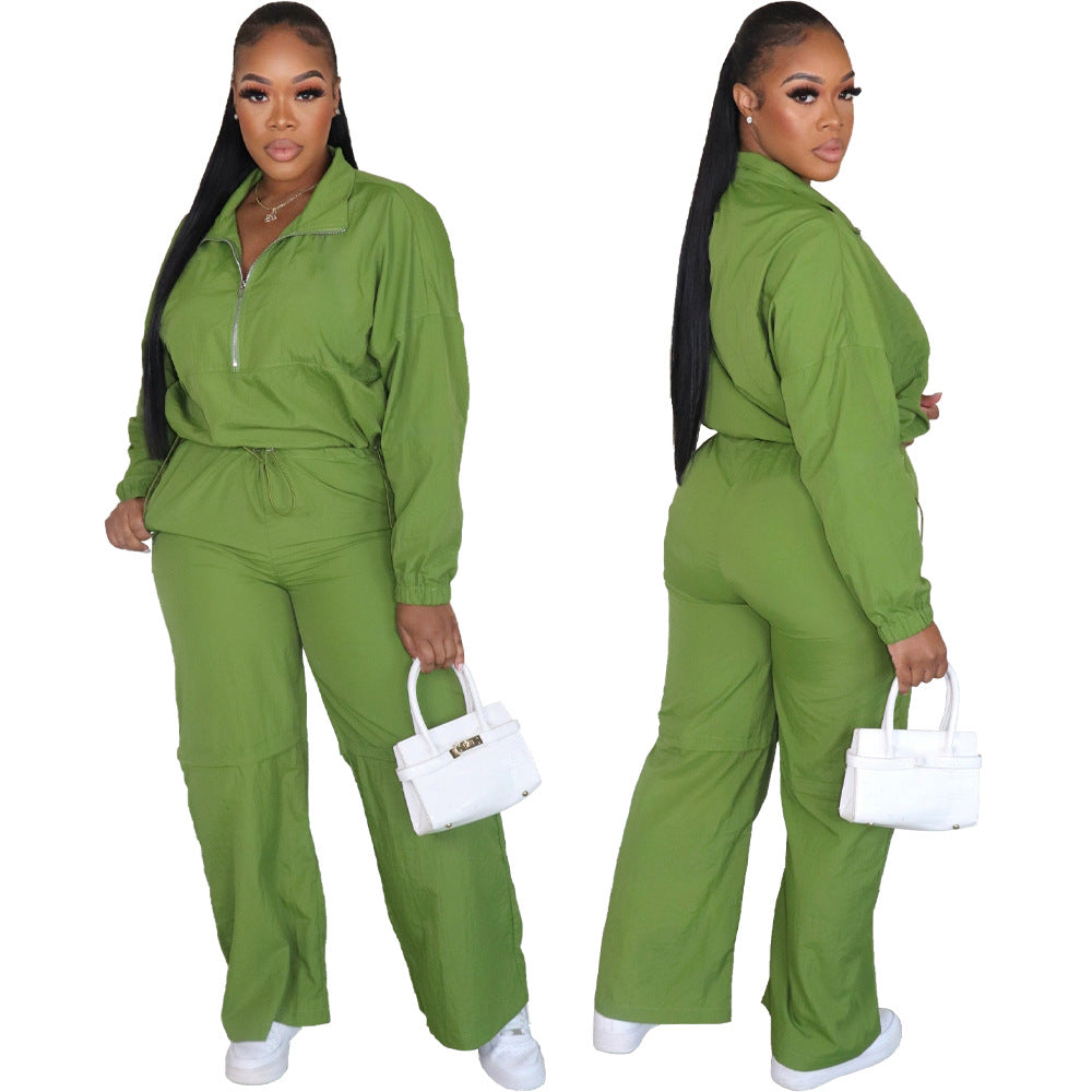 Women Autumn and Winter Zipper Long Sleeve Top and Pants Casual Two-piece Set 3