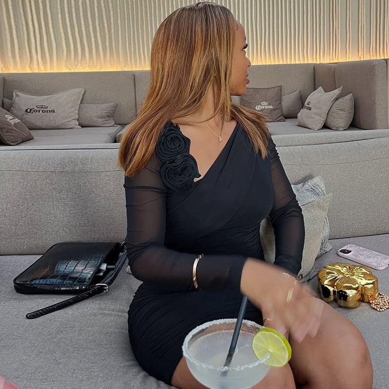 Solid Color Women's Slim Slash Shoulder Long-Sleeve Short Bodycon Dress 5