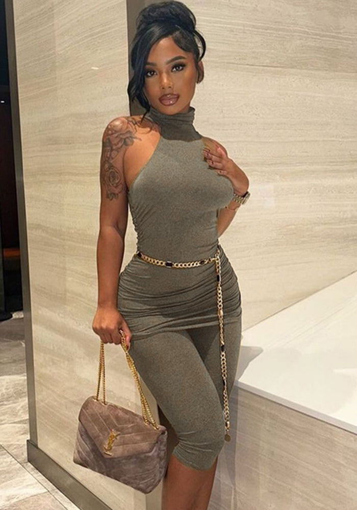 Women Sexy High Neck Sleeveless Vest Top and Shorts Two Piece Set