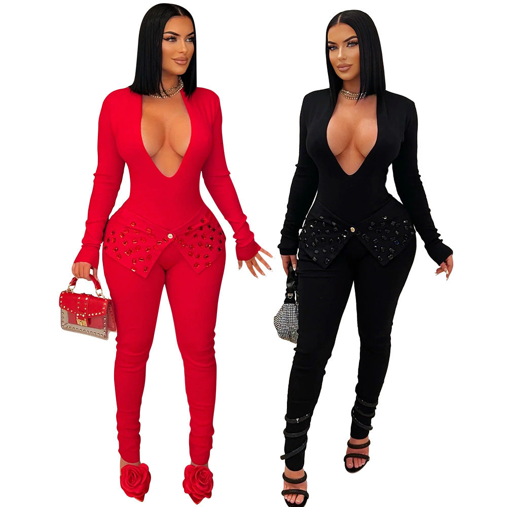 Sexy solid color long sleeves V-neck beaded jumpsuit 6