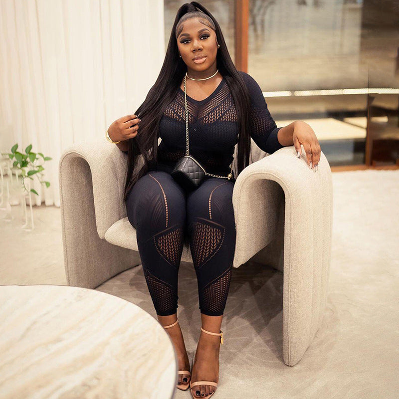 Spring Solid Round Neck Long Sleeve Sexy See-Through Mesh Jumpsuit 5
