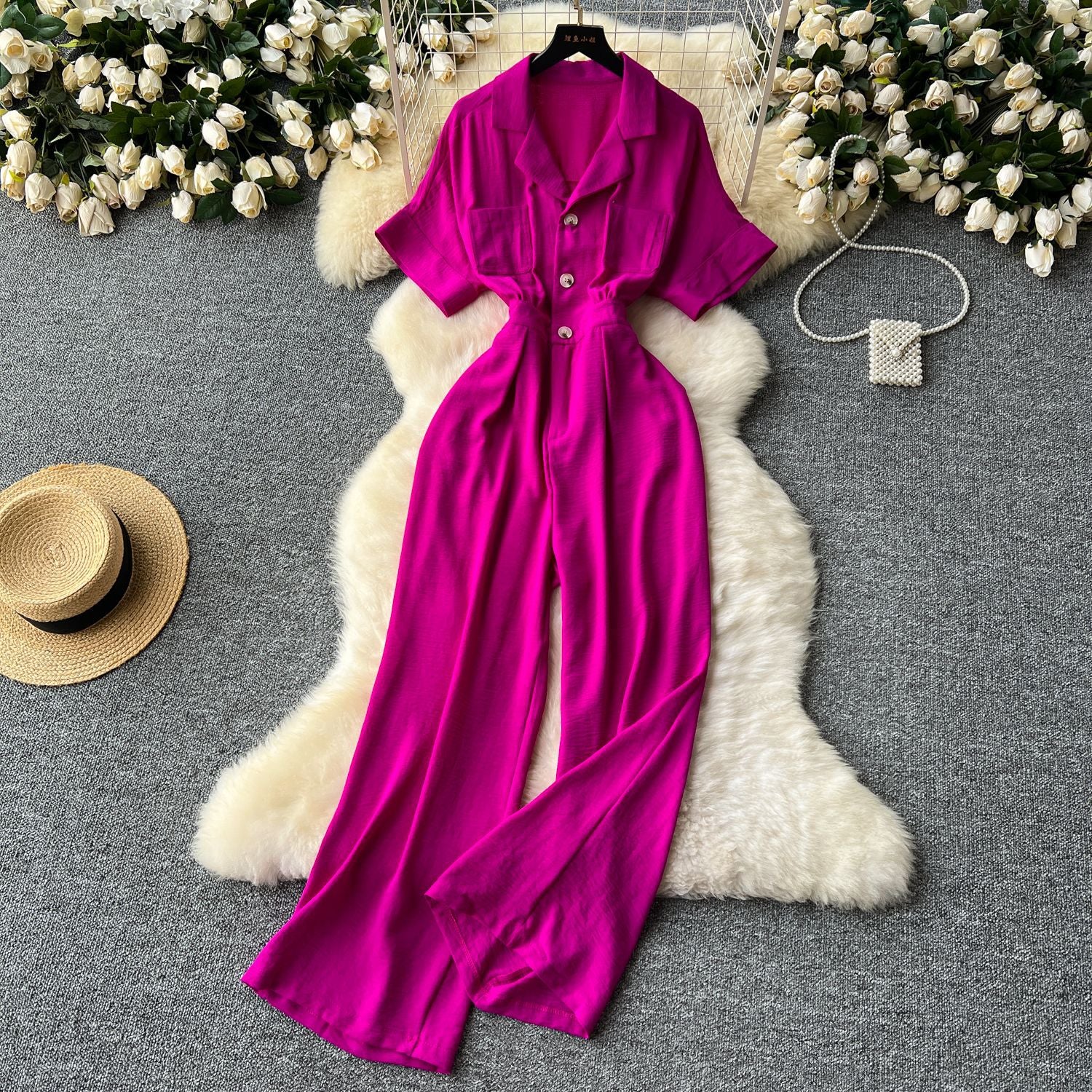 Summer Chic Turn-down Collar Button High Waist Jumpsuit 6