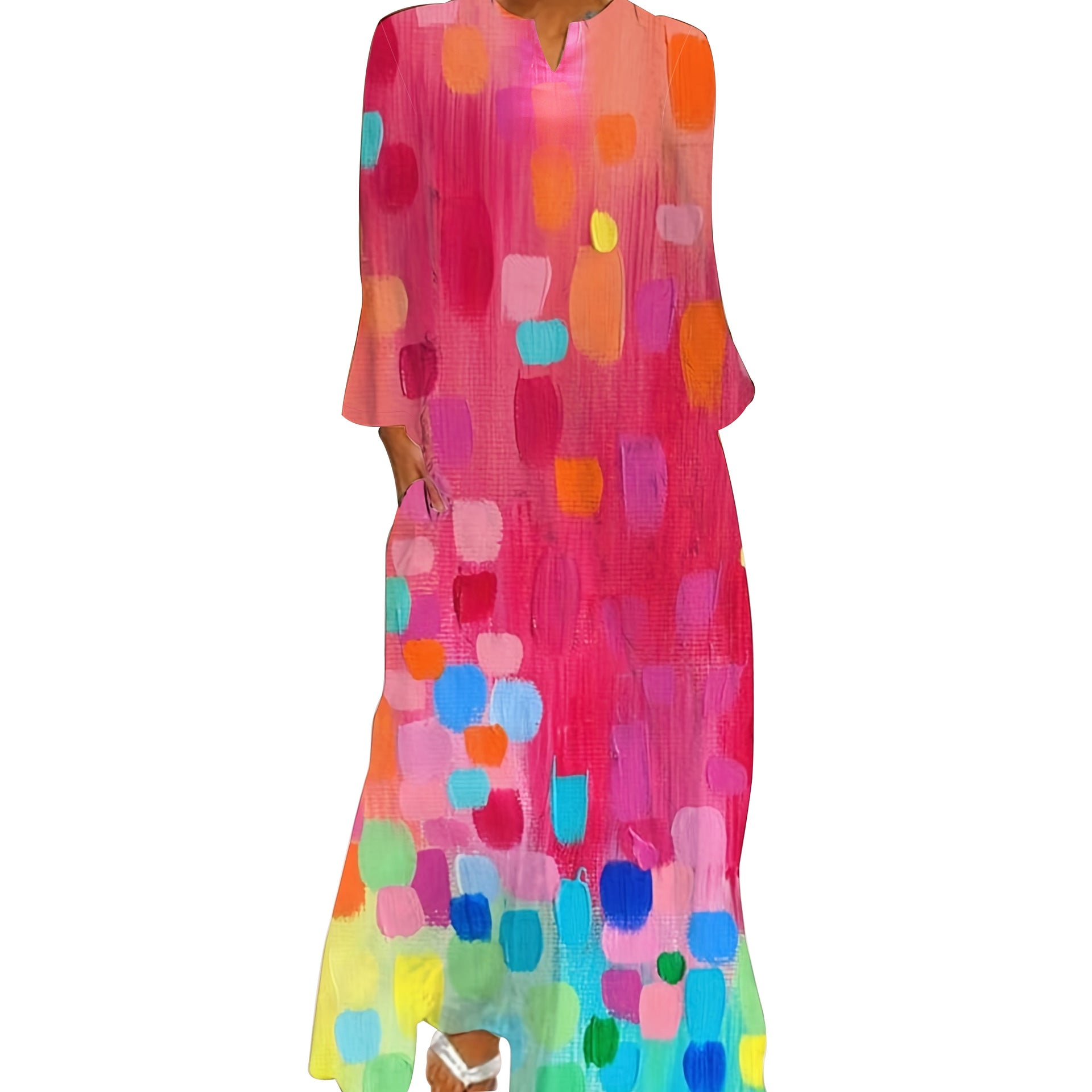 Women's Spring And Autumn Printed Fashion Chic V-Neck Loose Long-Sleeved Dress 6