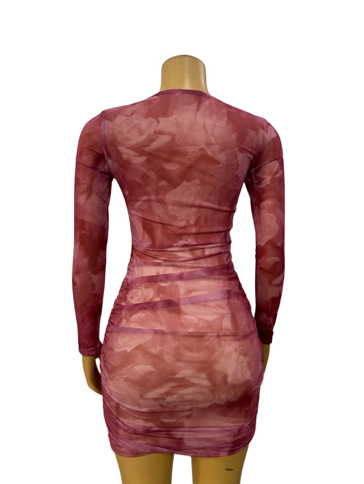 Women Mesh See-Through Sexy Pleated Bodycon Long Sleeve Dress