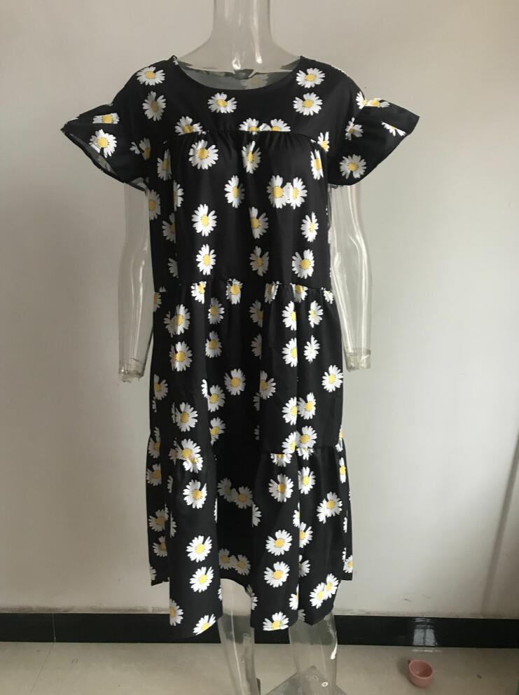 Plus Size Women Summer Dress Round Neck Pink Maple Leaf Casual Beach Dress 34