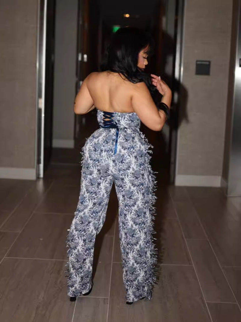 Women Sexy lace-up bra top and tassel trousers jacquard two-piece set 7