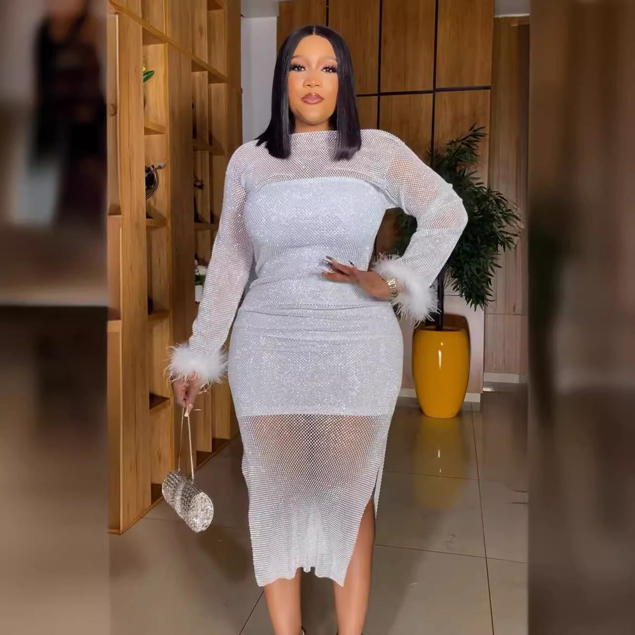 Africa Plus Size Women Bodycon Sequined White Dress