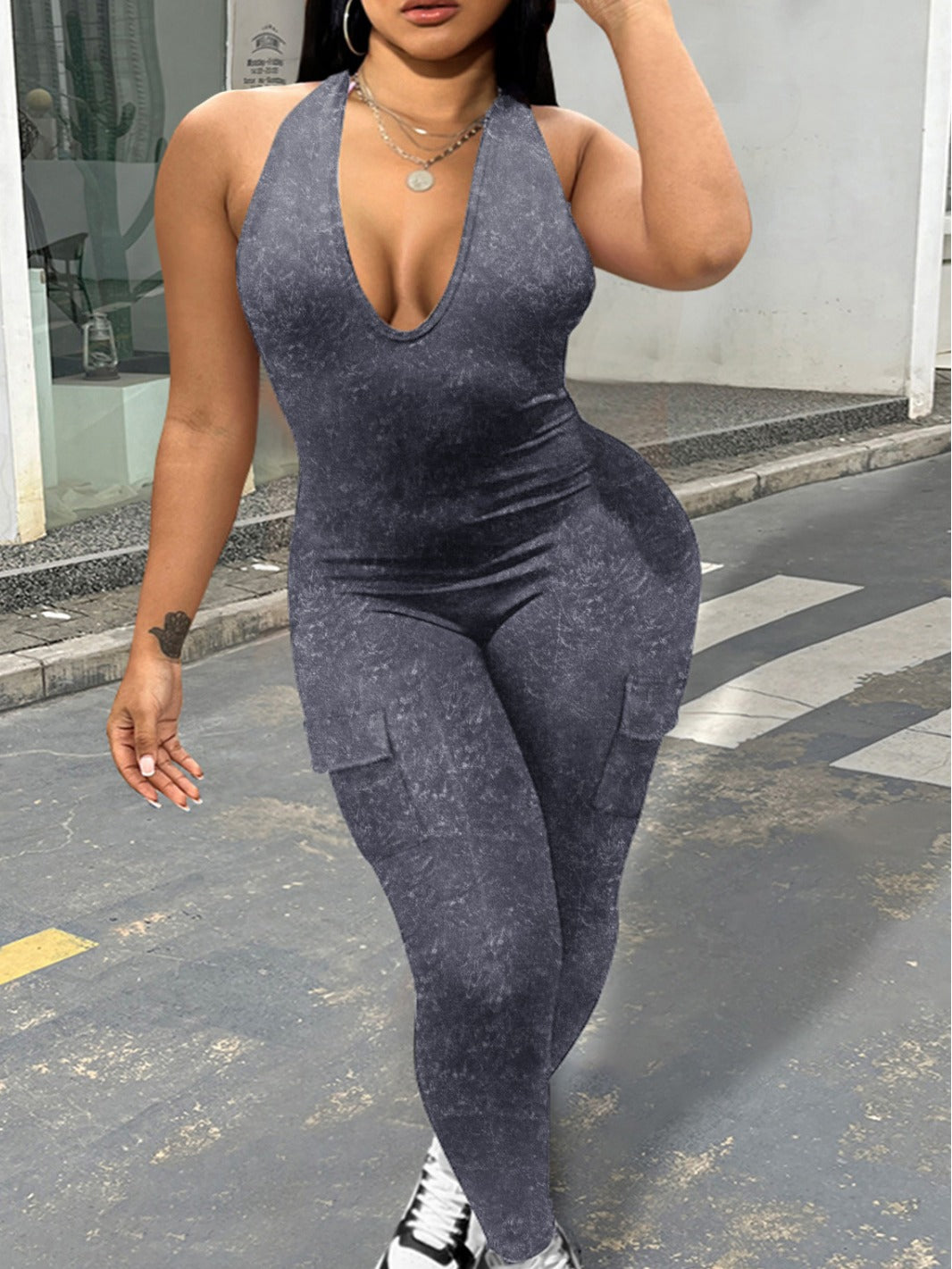 Spring Summer Women'S Sexy Low Back Halter Neck V-Neck With Pockets Butt Lift Sports Jumpsuit 4