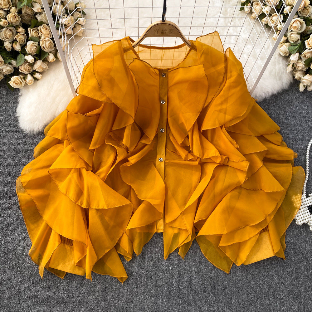 Women Round Neck Irregular Lotus Long Sleeve Casual Top Shirt 14