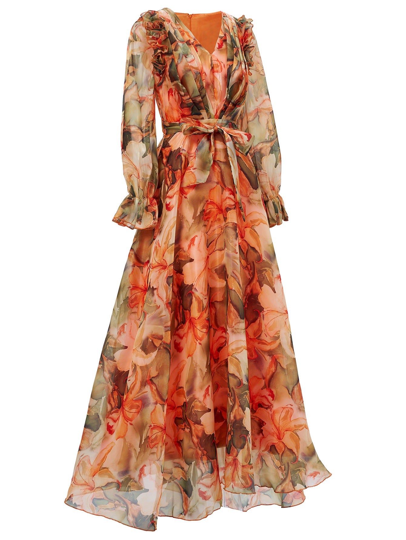 Elegant Women's Long-Sleeve V-Neck Ruffled Formal Party Mesh Evening Gown 14