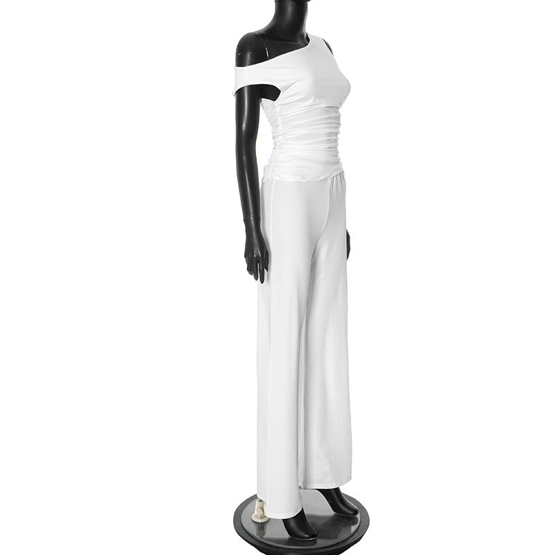 Women's Spring Summer Slash-Shoulder Gathered Waist Top Loose Pants Set 9