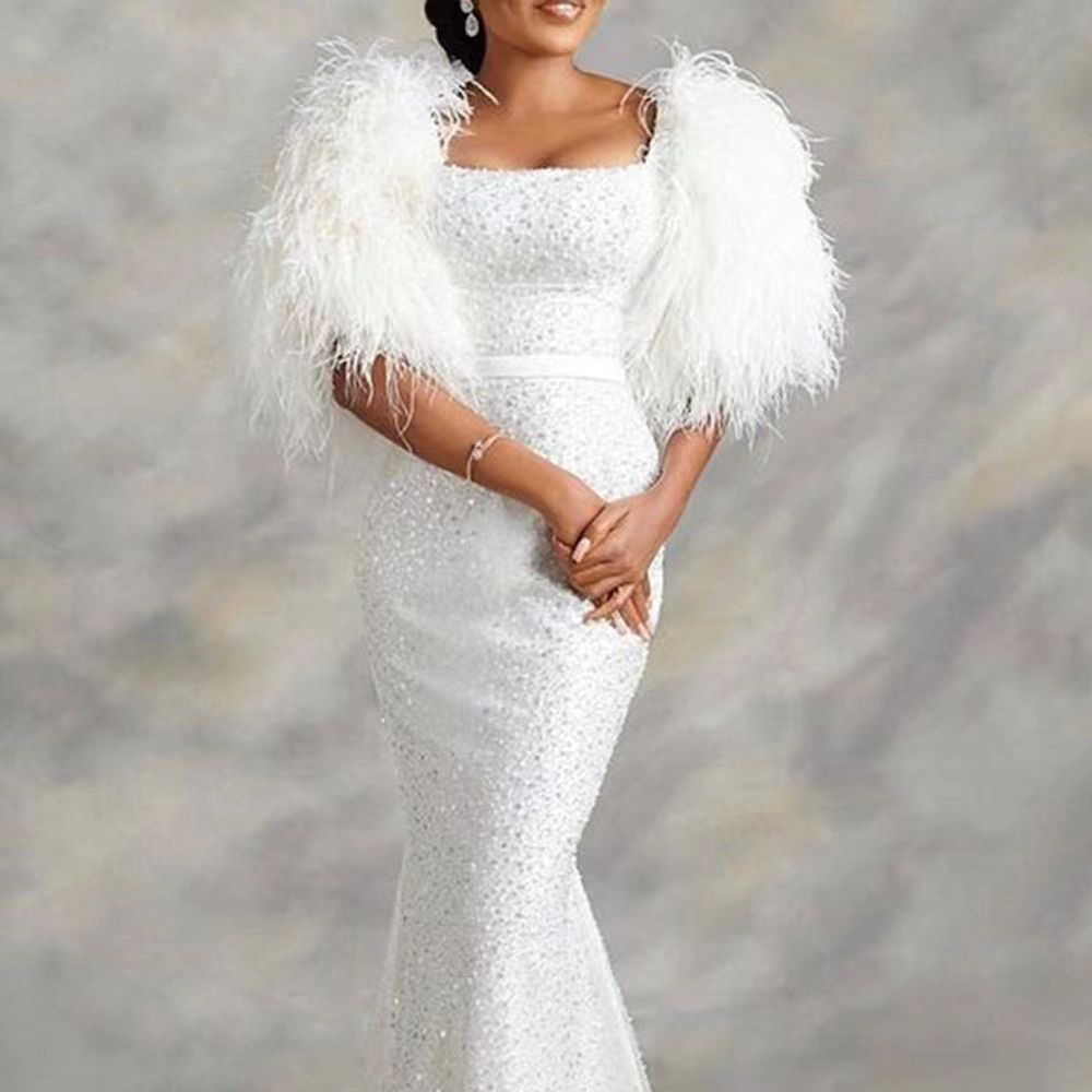 Women U-Neck Sequin Feather Sleeve Evening Dress 4