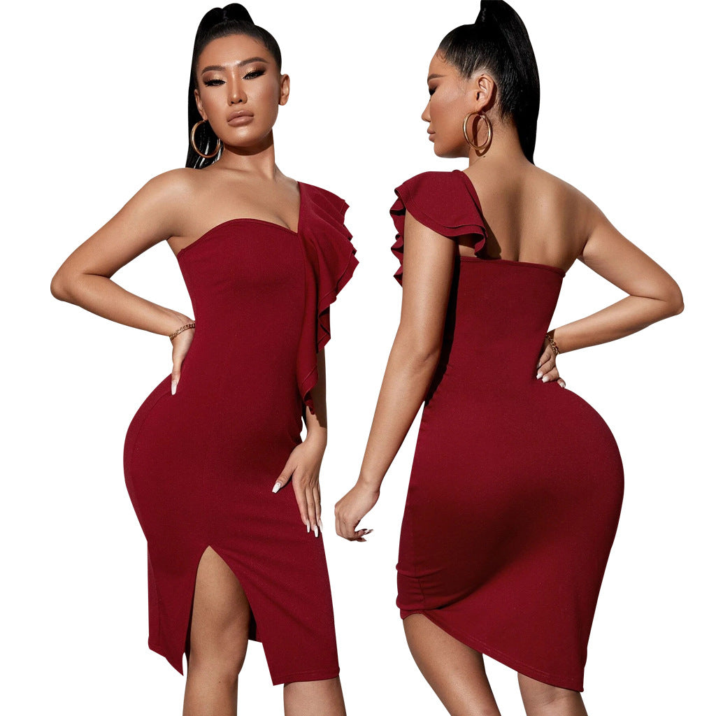 Women Sexy Solid One Shoulder Ruffle Dress 12