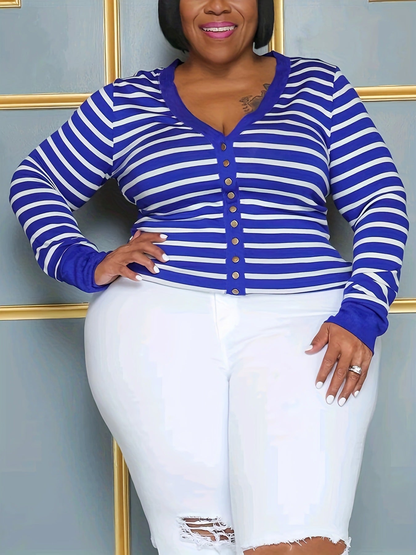 Plus Size Striped Metal Button Long Sleeve Top 4