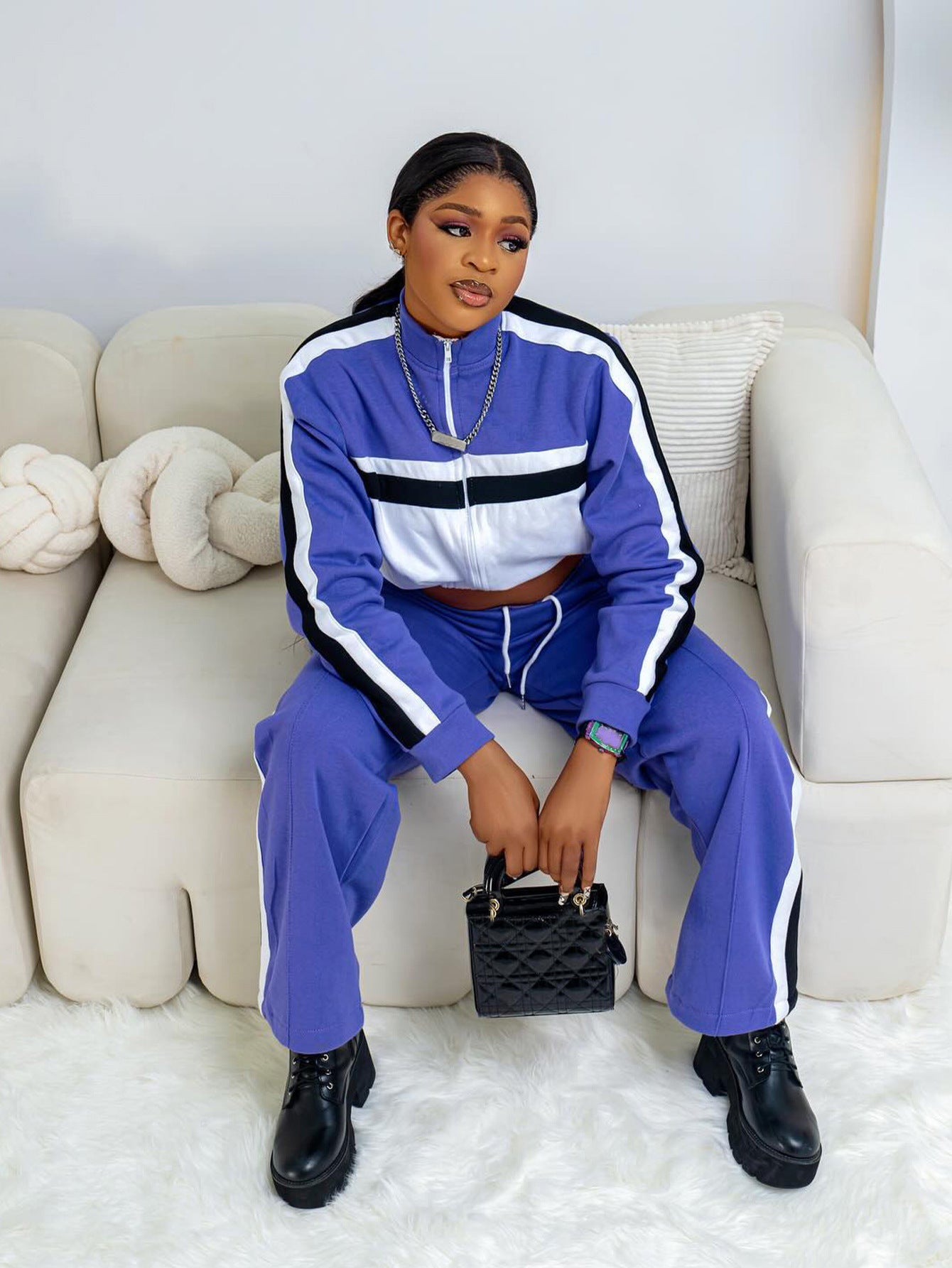 Women Colorblock Long Sleeve Stand Collar Zipper Top and Pants Casual Two-Piece Set