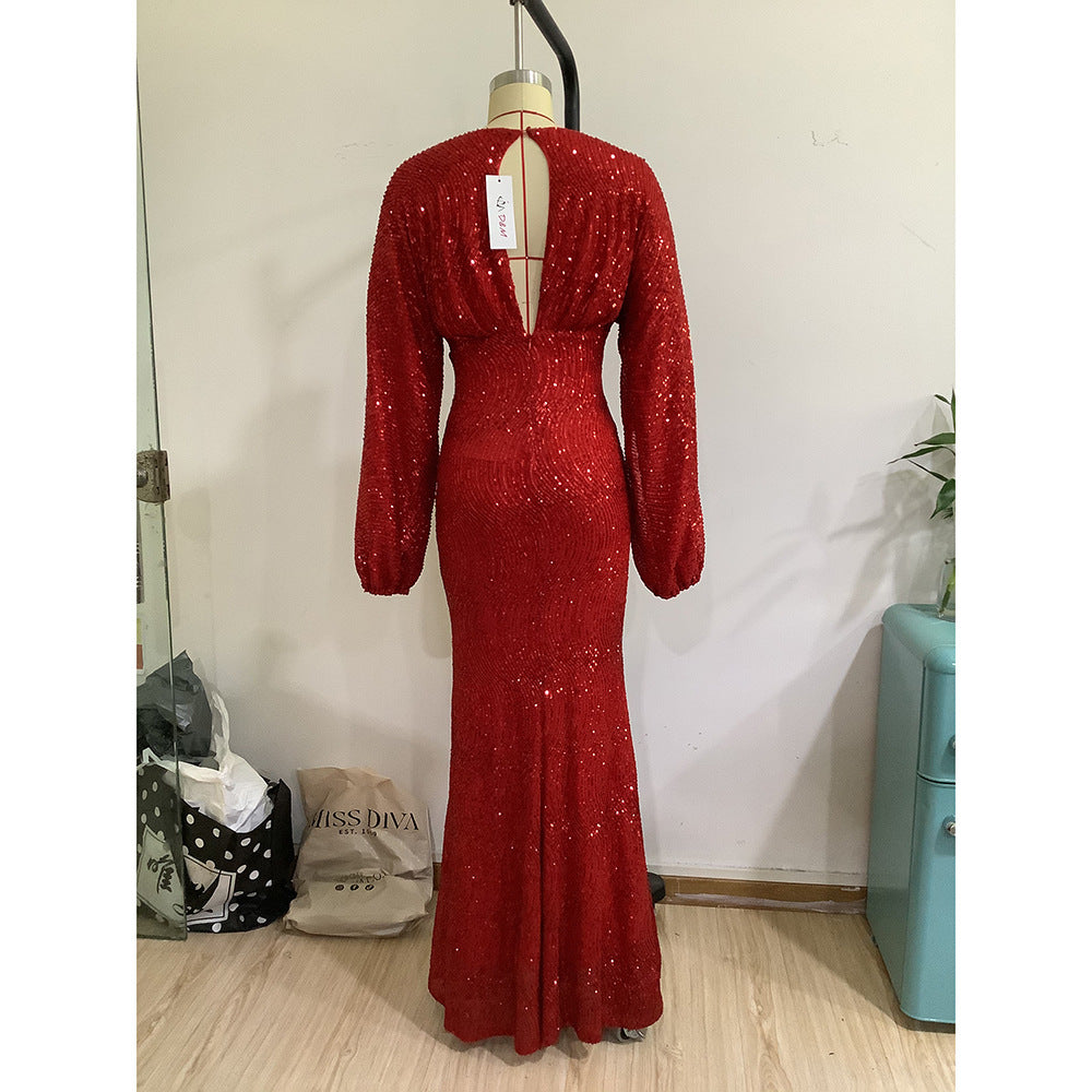 Autumn And Winter Fashion Sexy Dress Puff Sleeves Deep V High Slit Sequined Long Sleeve Dress 11
