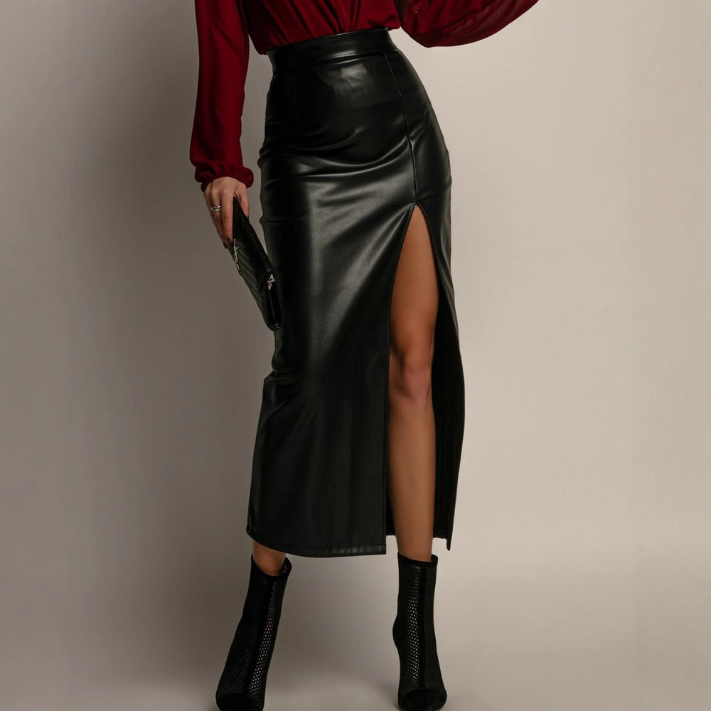 Women's Clothing Solid Color High Waist Slim Slit Leather Skirt 5