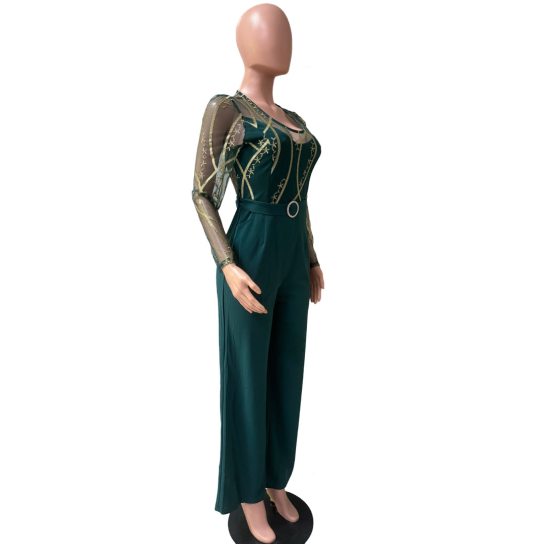 Women's Mesh See-Through Embroidery Patchwork Sexy Jumpsuit (Includes Belt) 10